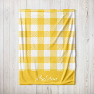 Yellow and White Buffalo Check Monogram Fleece Blanket