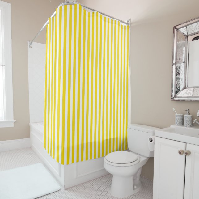 Yellow and White Cabana Stripe Shower Curtain (In Situ)