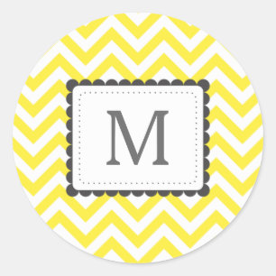 Yellow And White Chevron Custom Monogram Classic Round Sticker