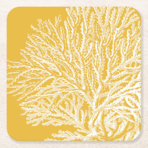Yellow and White Coral Square Paper Coaster