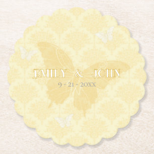 Yellow and White Country Butterflies Wedding Paper Coaster
