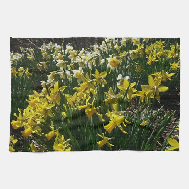 Yellow and White Daffodils Spring Flowers Tea Towel (Horizontal)