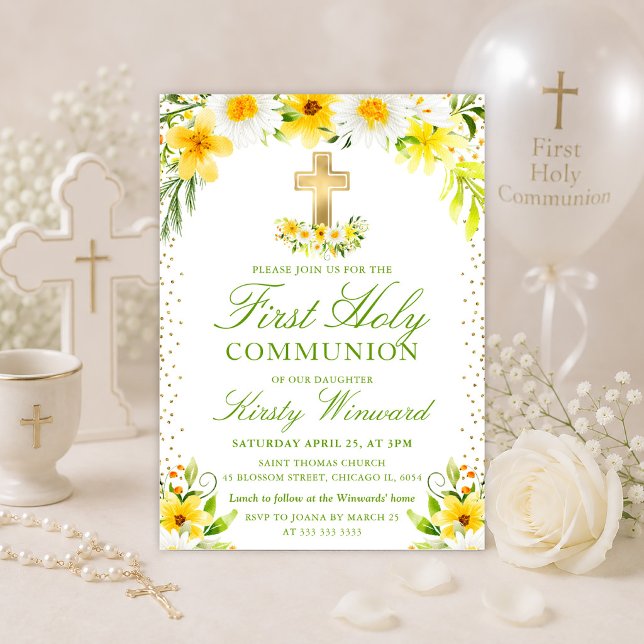 Yellow and White Daisies First Holy Communion Invitation (Creator Uploaded)