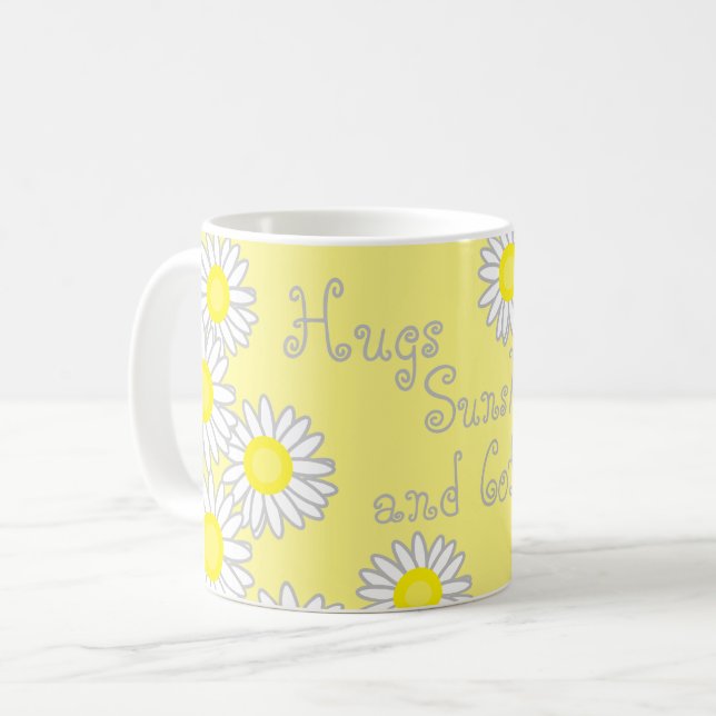 Yellow and White Daisy Hugs Sunshine and Coffee Coffee Mug (Front Left)