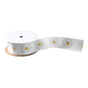 Yellow and White Daisy Pattern Satin Ribbon