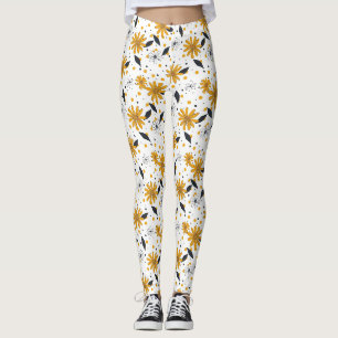 Yellow and White Daisy Pattern with Dark Leaves Leggings