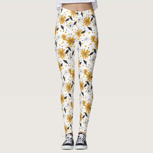 Yellow and White Daisy Pattern with Dark Leaves Leggings (Front)