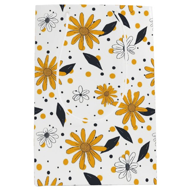 Yellow and White Daisy Pattern with Dark Leaves Medium Gift Bag (Front)