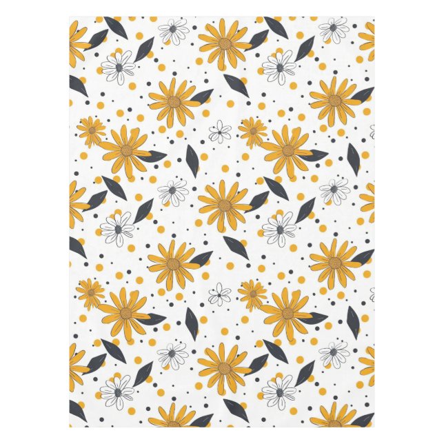 Yellow and White Daisy Pattern with Dark Leaves Tablecloth (Front)