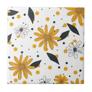Yellow and White Daisy Pattern with Dark Leaves Tile