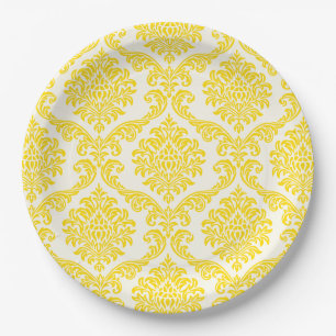 Yellow and White Damask Paper Plates