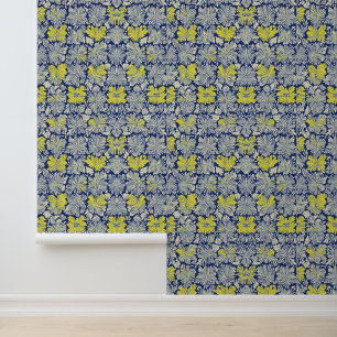 Yellow and White Floral Pattern on Navy Blue Wallpaper