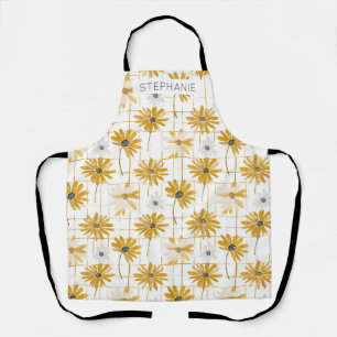 Yellow and White Flowers - Distressed Golden Plaid Apron