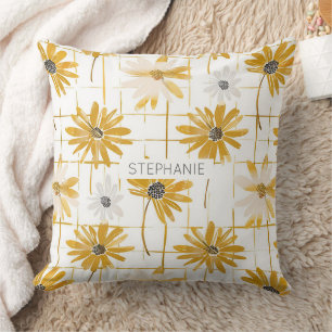 Yellow and White Flowers - Distressed Golden Plaid Cushion