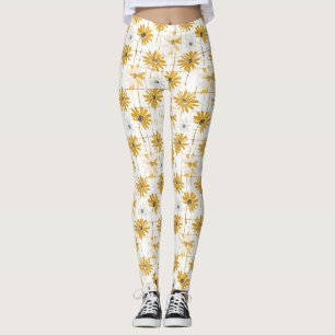 Yellow and White Flowers - Distressed Golden Plaid Leggings