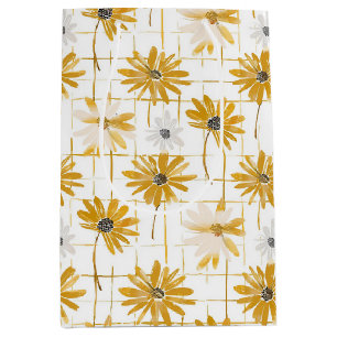 Yellow and White Flowers - Distressed Golden Plaid Medium Gift Bag