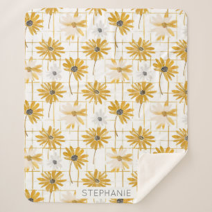 Yellow and White Flowers - Distressed Golden Plaid Sherpa Blanket
