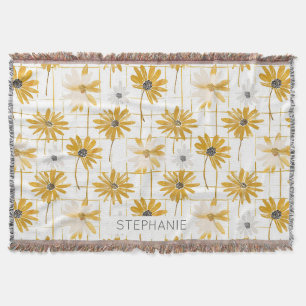 Yellow and White Flowers - Distressed Golden Plaid Throw Blanket