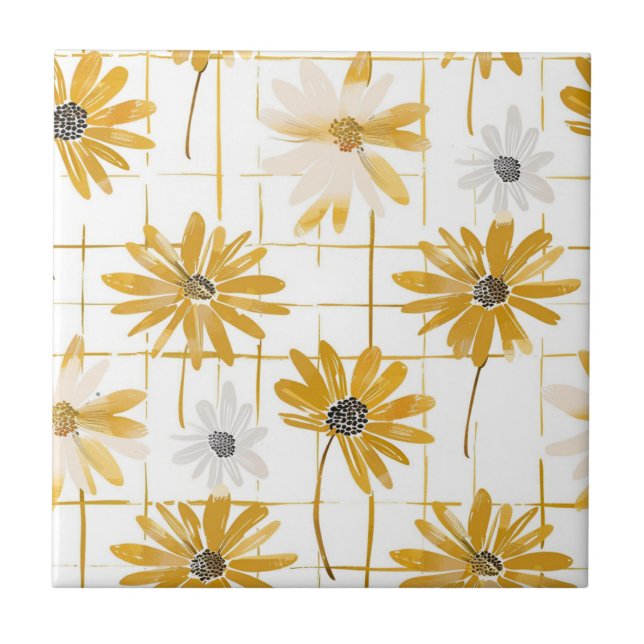 Yellow and White Flowers - Distressed Golden Plaid Tile (Front)