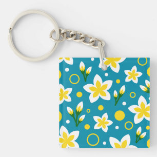 Yellow and White Flowers on a Blue Background Key Ring