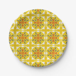 yellow and white geometric pattern paper plate