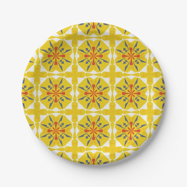 yellow and white geometric pattern paper plate (Front)