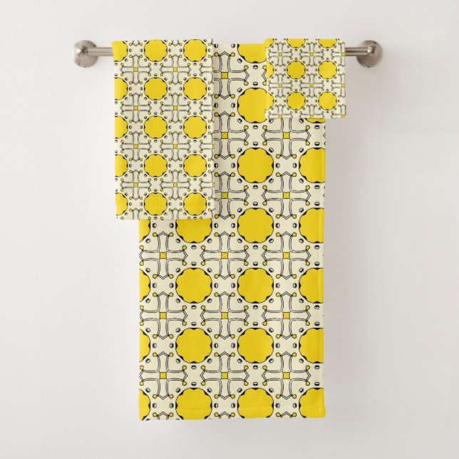 Yellow and white geometric patterned  bath towel set (Insitu)