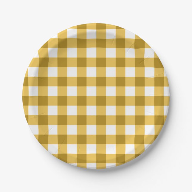 Yellow And White Gingham Check Pattern Paper Plate (Front)
