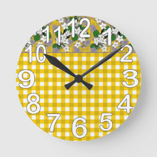Yellow and white gingham country kitchen round clock