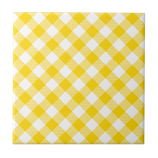 Yellow and White Gingham Diagonal Checks Pattern Tile (Front)