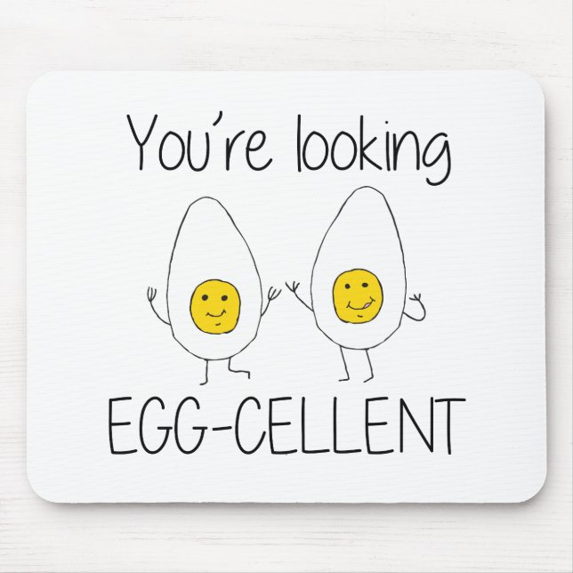 Yellow and White Hand Drawn Egg-cellent Egg puns Mouse Pad (Front)
