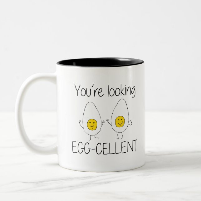 Yellow and White Hand Drawn Egg-cellent Egg puns Two-Tone Coffee Mug (Left)