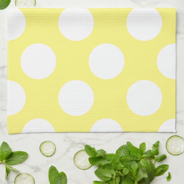 Yellow and White Large Polka Dot Kitchen Towel (Folded)