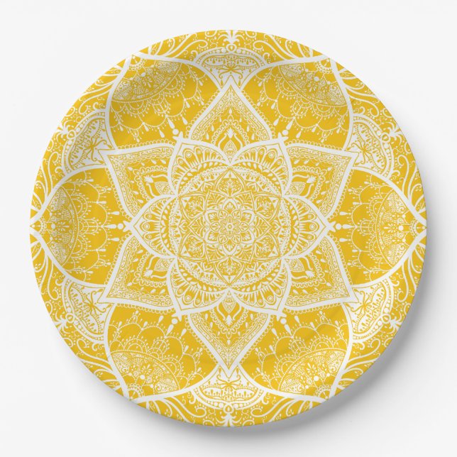 Yellow and White Mandala - Loergann in Honey Paper Plate (Front)
