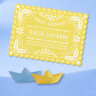 Yellow and white papel picado baby shower invitation