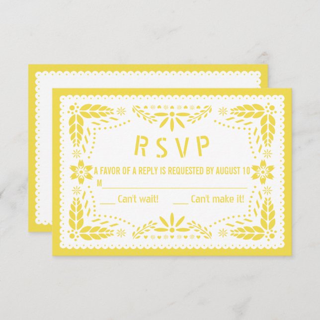 Yellow and white papel picado baby shower RSVP card (Front/Back)