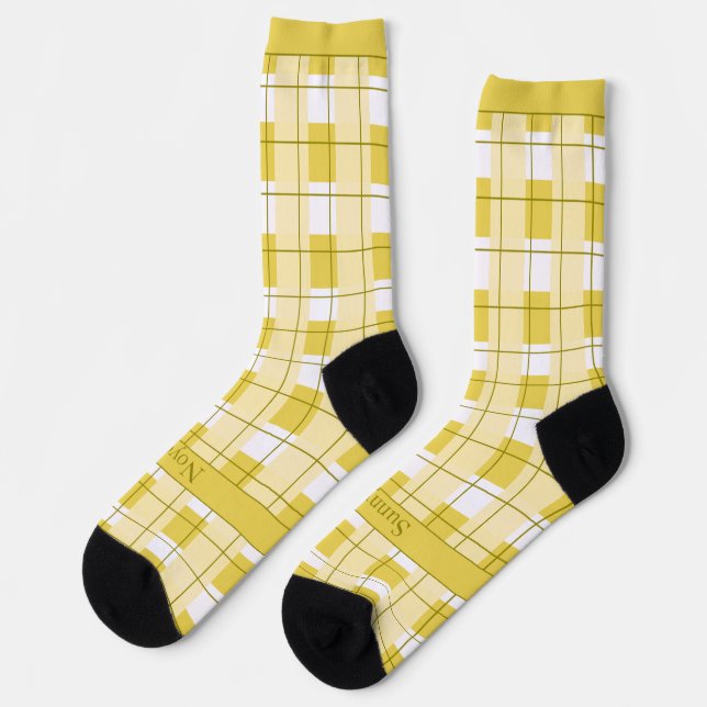 Yellow and White Plaid, Text on Foot Socks (Left)
