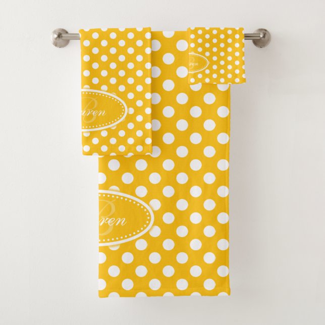 Yellow and white polka dot personalised towels (Insitu)