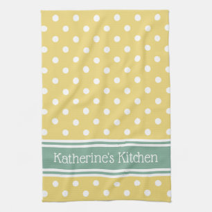 Yellow and White Polka Dot With Blue Personalised Tea Towel