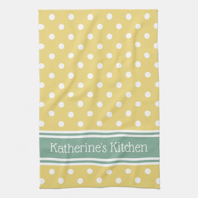 Yellow and White Polka Dot With Blue Personalised Tea Towel (Vertical)