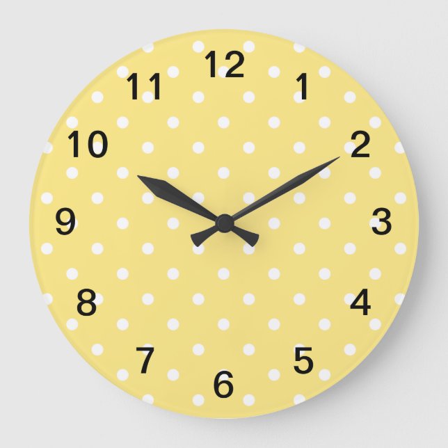 Yellow and White Polka Dots Pattern. Large Clock (Front)