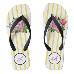 Yellow And White Stripe With Pink Roses Jandals