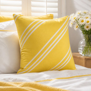 Yellow and White Striped Square Throw Pillow