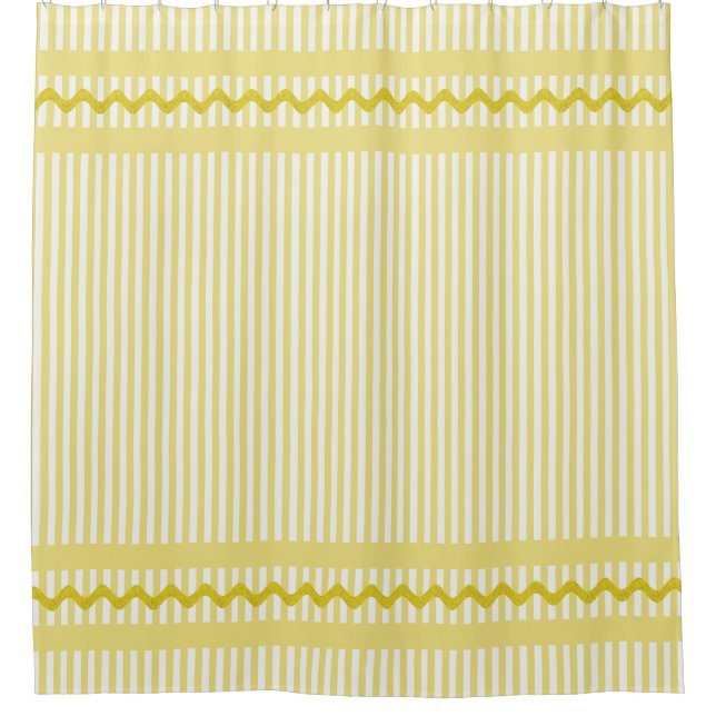 Yellow and White Striped Ticking With Ric Rac Trim Shower Curtain (Front)