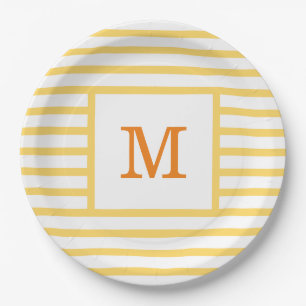 Yellow and White Stripes Custom Monogram Paper Plate