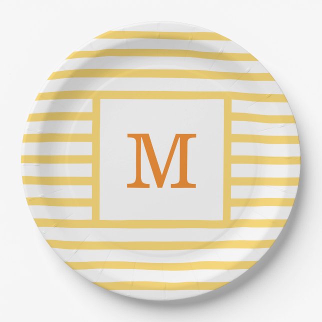 Yellow and White Stripes Custom Monogram Paper Plate (Front)