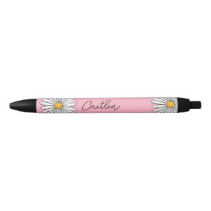 Yellow and White Whimsical Daisy with Custom Text  Black Ink Pen