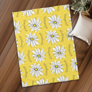 Yellow and White Whimsical Daisy with Custom Text Fleece Blanket