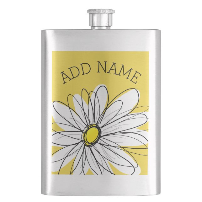 Yellow and White Whimsical Daisy with Custom Text Hip Flask (Front)