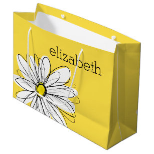 Yellow and White Whimsical Daisy with Custom Text Large Gift Bag